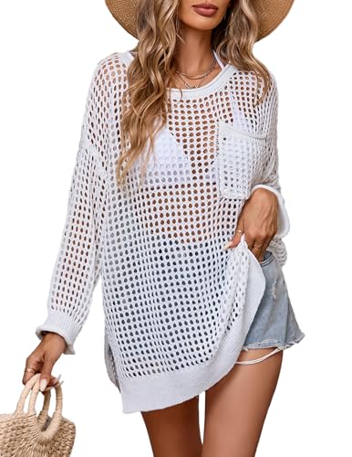 Womens Oversized Lightweight Beach Cover Up Cute Crochet Hollow Out Crewneck Pocket Sweater Top Fall 2024