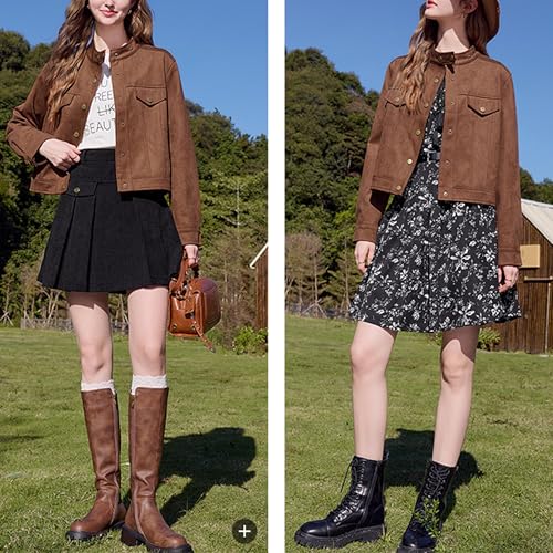 Babalet Womens Cropped Jacket Button Down Faux Suede Short Bomber Jacket Long Sleeve Varsity Jacket Casual Shacket Jackets3