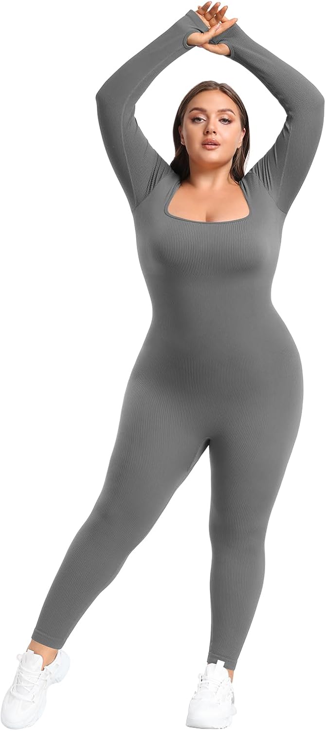 BLEVONH Women's Yoga Jumpsuits Ribbed Workout Rompers Square Neck Long Sleeve Bodysuits Full Length Plus size - Image 4