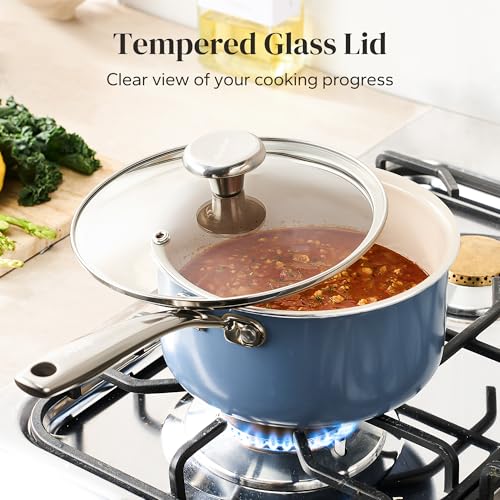 Image of Redchef Ceramic Stock Pots Set 5QT, Sauce Pan with Lids(2.5QT /3.5QT), Induction Cooking Pot Set,Ceramic Pots with Stay Cool Handle, Nonstick Cookware Set, PTFE /PFASFree, Dishwasher /Oven Safe (Blue)