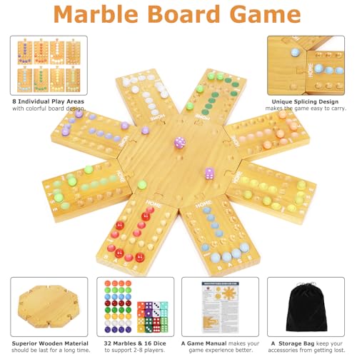Image of Marble Board Game,Wooden Board Game for 6-8 Players,Portable Design Marble Game with 32 Marbles 16 Dice, Family Game Night Gift for Kids & Adults