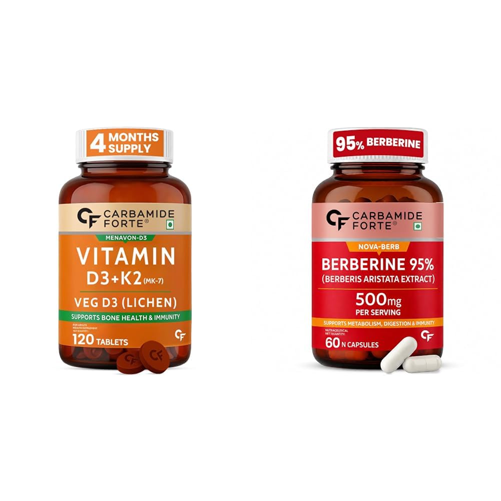 Carbamide Forte Vitamin D Tablets | Vitamin D3 K2 Supplement to support Bone & Heart Health | Veg D3 Lichen -120 Tablets & Berberis Berberine 95% with Milk Thistle & Cinnamon | Berberine Capsules 500-image-3