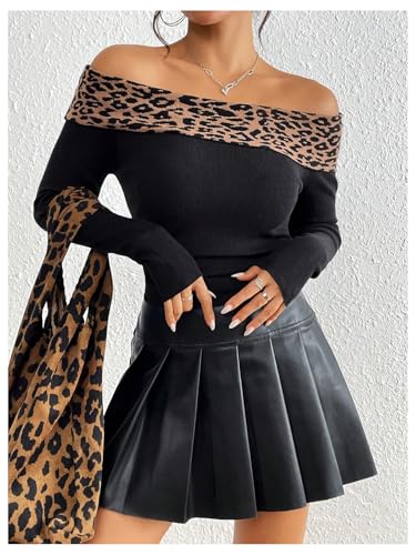 Image of MakeMeChic Women's Off The Shoulder Sweater Leopard Print Long Sleeve Knitted Cheetah Print Top Black X-Small