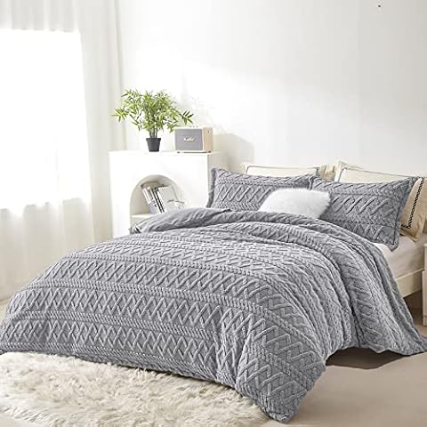 Gray Plush Tufted Duvet Cover Queen Fluffy Boho Shabby Chic Bedding Set Winter Flannel Textured Comforter Cover for Winter (1 Duvet Cover + 2 Pillowcases) with Corner Ties Cover