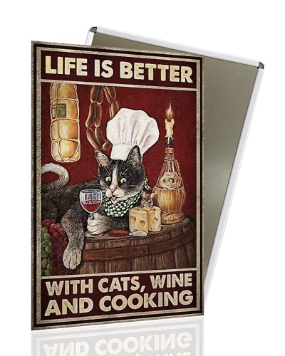 Vintage Black Cat Metal Sign, Life Is Better With Cats, Win And Cooking Funny Cat Sign Wall Decor for Bedroom Bathroom Retro Wall Poster, Funny Metal Sign Home Decor For Cats Lovers 8x12″