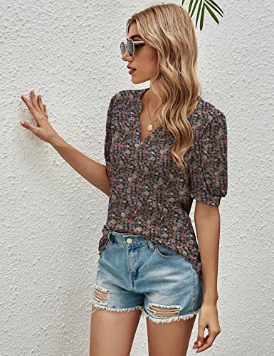 Romanstii Women V-Neck Tee Casual Puff Short Sleeve Blouse Top For Summer,Army Green/Floral,M #TOP4
