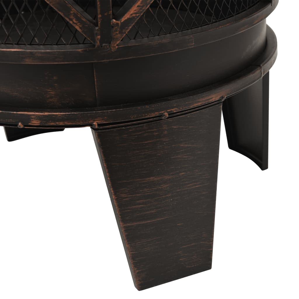 Rustikaler Feuerkorb mit Gitterabdeckung und Schürhaken, Stahl-Feuerstelle für Garten Terrasse, hitzebeständige Lackierung, große Schüssel, Trageringe, sicherer Funkenflug-Schutz