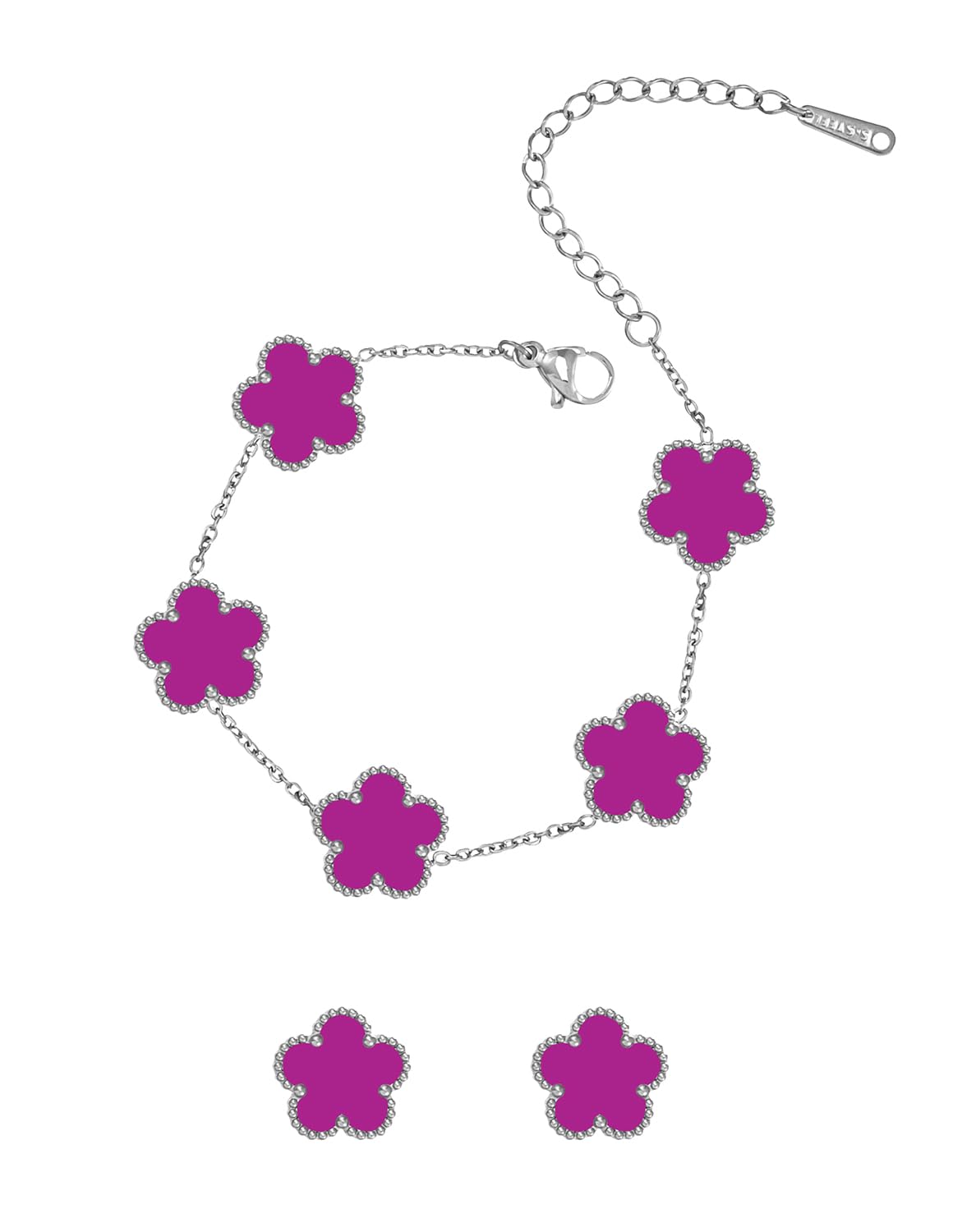 JIEMUCHU Gold Plated Stainless Steel Four Leaf Clover Bracelet and Stud Jewelry Set for Women