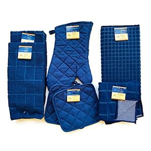 Home Collection 8 Piece Towel Set – 2 Towels – 2 Pot Holders -1 Oven Mitt -2 Scrubber Dish Cloths – 1 Dish Drying Matt (Navy Blue)