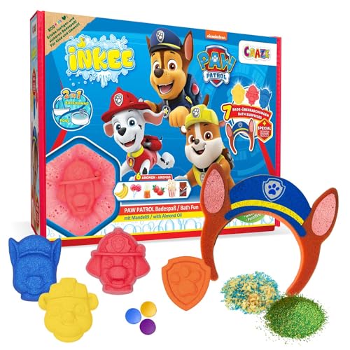INKEE - Caja regalo Paw Patrol | set de baño niños - 7 aditivos de baño para niños, Pawpatrol bombas de baño y sales de baño infantiles diferentes fragancias + accesorio