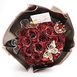 DRAKEWOOD Bouquet de Roses éternelle Pailletée avec 24 pièces Fausse Rose Rouge Bordeaux P...