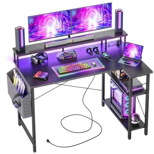 BEXEVUE Eckschreibtisch mit Steckdosenleiste LED – 120x70 cm Ergonomic Kleiner L-förmiger Ablagefächer, Umkehrbarer PC Ecktisch Computertisch, Corner Gaming Tisch, Studium Arbeit Zuhause Schlafzimmer