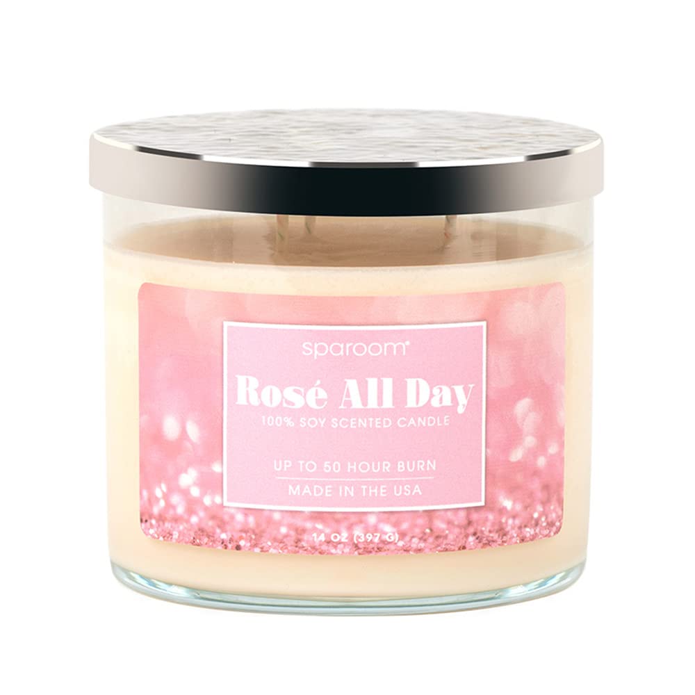 SpaRoom Essential Oils in 100% Soy Wax 3-Wick Candle in Glass Jar with Lid, 14 Ounces, Rosé All Day with Citrus and Floral Notes