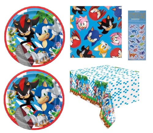 Sonic Birthday Party Supplies Bundle includes 16 Dessert Cake Paper Plates 7", 16 Paper Napkins 6.5", 1 Plastic Table Cover 54" x 84", 1 Dinosaur Sticker Sheet