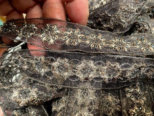 Pale Peach Taupe Embroidered Beads Organza Flower Trim 7/8" Glass Hand Sewn Peach Taupe 1yd Fabric