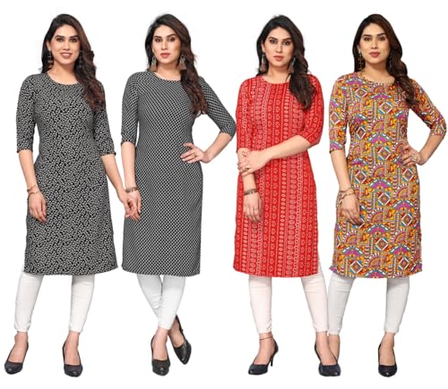 Image of JAKHANA Women's Crepe Printed Casual Straight Calf Length Round Nick Kurta Pack of 4