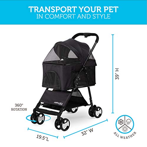 Paws & Pals Dog Stroller Easy to Walk Folding Travel Carriage for Pets & Cats with Detachable Carrier - Black - Image 3