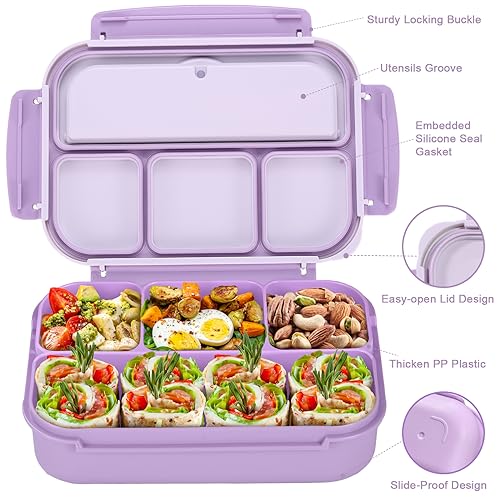 Image of Bento Box Adult Lunch Box, Lunch Containers for Kids Girls Boys with 4 Compartments, Lunchable Food Container with Utensils, Sauce Jar, Muffin Liners, 40 Oz /5 Cup, Microwave Safe, Lavender