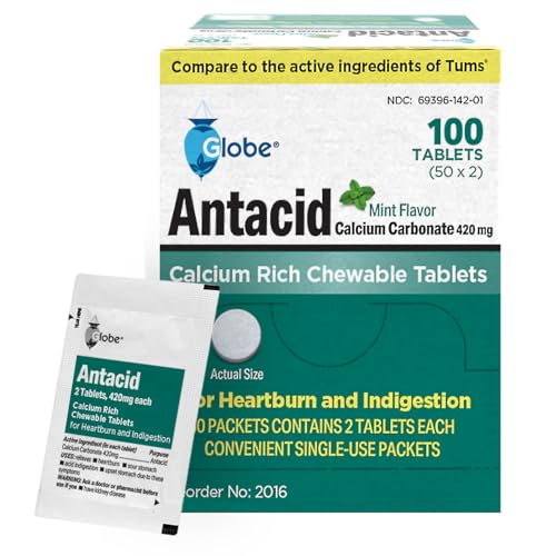 Globe Chewable Mint Antacid Tablets for Acid Indigestion Heartburn and Upset Stomach - 50 Packets of 2 Tablets Each 100 Count. Made in The USA