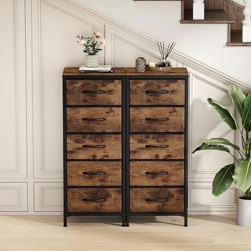 Mueble auxiliar marrón industrial con cinco cajones de tela y madera 8