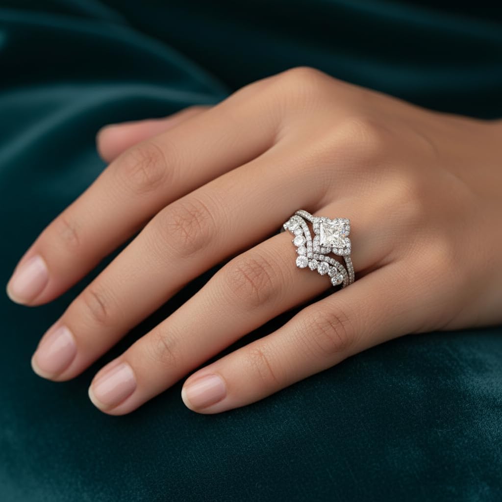 Moissanite Engagement Ring Set for Women 925 Sterling Silver 18K Gold Plated Princess Cut Moissanite Wedding Ring Set VVS1 Clarity Bridal Rings