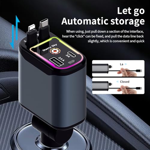Cargador de coche retráctil soluciona cables sueltos adaptador 4 en 1 USB C para iPhone y Android 6