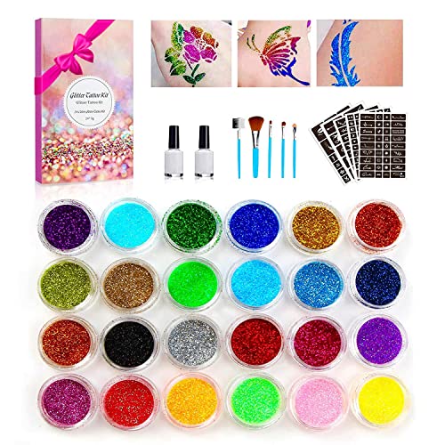 Glitzer Tattoo Set Neues Glitzer Tattoo-Kit 24 großen Glitzertuben und 160 Schablonen Temporäre Flash-Tattoos für Kinder, Jugendliche und Erwachsene- Festivals, Partys, Spiele, DIY-Dekorationen Cover