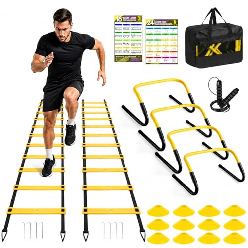 Soccer training equipment set with agility ladder, cones, hurdles, jump rope, parachute
