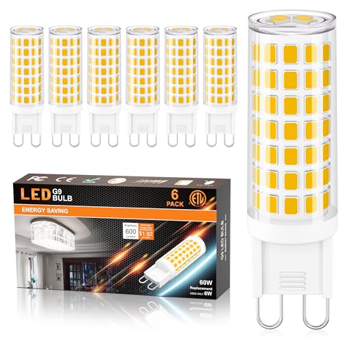 comzler G9 LED Bulb 6W Soft White 3000K Bi Pin Base Bulbs, 60W Halogen Equivalent, 600LM, Ceramic Base Light Bulbs for Chandelier, Non-dimmable, Pack of 6