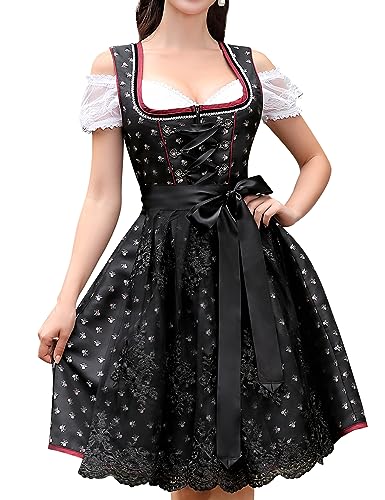Clearlove Dirndl Damen Midi Set 3 Teilig Elegant Kurz Trachtenkleid inkl. Dirndl Kleid Dirndlschürze Dirndlbluse für Oktoberfest(A-Schwarz,38)