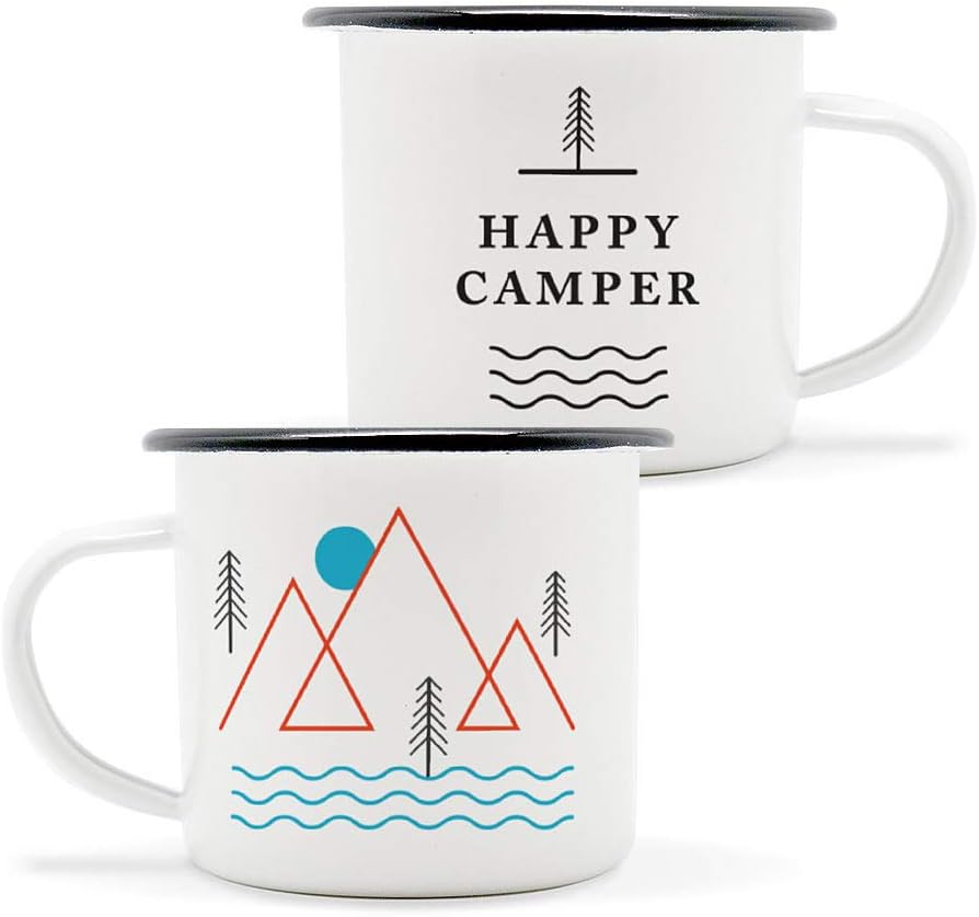 Happy Camper Enamel Camping Mugs SET OF TWO! Get Both A White & A Black Eco-Friendly, Oven-Friendly, Open-Fire-Friendly Cup. The Perfect Size Too: 12 Ounce (350 ml). Plus, It'll Taste Better In These!