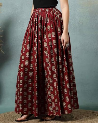 Image of Women's Floral Print Maxi Skirt, Maroon Red, 100% Pure Cotton, Elastic Waist, Full Length, Breathable Fabric