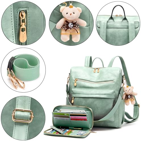 Image of Soperwillton Women Backpack Purse Shoulder Handbags Travel Bag Set 2pcs | Soft PU Leather,Large Capacity,Many Pockets,with a Functional Wallet,with a Detachable Shoulder Strap,Multipurpose Design