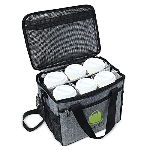 Good E’s Reusable 6 Cups Insulated Beverage Bag, Portable Cooler Tote with 5 Divider, Shoulder Strap & Side Pockets, Drink Caddy Cup Holder Carrier for Delivery Travel, Insulated Picnic Bag (6 Cups)