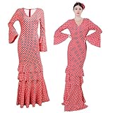 Vestido sevilliana Disfraz de Flamenca para Mujer, Traje de Sevillana Gitana Andaluz con Lunares Ideal para Feria de Abril y Carnaval (FR/ES, Letras, L, XL, Regular, Alto, Rojo Lunar Blanco)