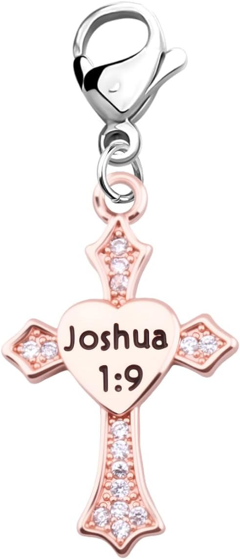 FEELMEM Religious Zipper Pull Charm Bible Verse Joshua 1:9 Cross Pendant Clip On Charm Religious Jewelry Holy Clip On Charms