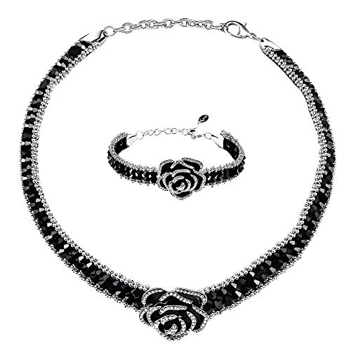 Lavencious Black Beaded Choker Necklace And Bracelet Set With Black Enamel Crystal Rose Pendant Lobster Clasp (Black) #TOP29