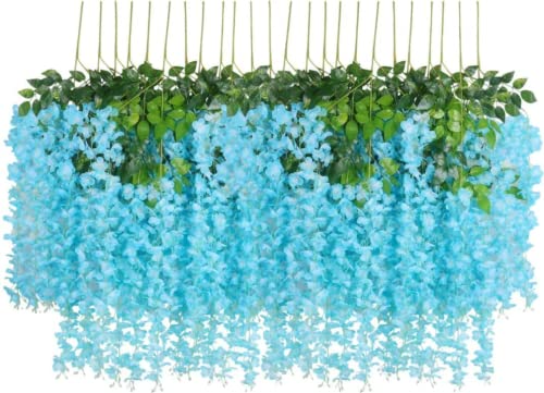 VRB Dec Pack of 12 (43.2Ft) Artificial Wisteria Vine| Ratta Fake Wisteria Hanging | Garland Silk Long Hanging Bush Flowers String for Home Party Wedding Decor (Sky Blue, 12)