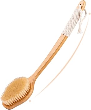 Back Scrubber for Shower,17in Bamboo with Curved Long Handle - Stiff Natural Boar Bristles for Men and Women, Deep Cleansing and Exfoliating, Anti-Slip Grip for Wet or Dry Brushing