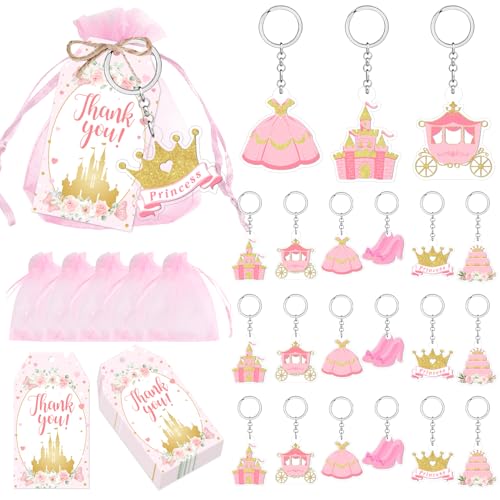 72Pcs Princess Party Favors for Girls, Princess Baby Shower Favors Princess Keychains Thank You Tags Pink Organza Bags Floral Castle Crown Favors for Girl Princess Baby Shower Birthday Party Supplies