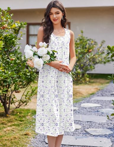 Image of Ekouaer Nightgowns for Women Cotton Long Night Gown Sleeveless Sleep Dress Victorian Nightdress Ladies Sleepwear