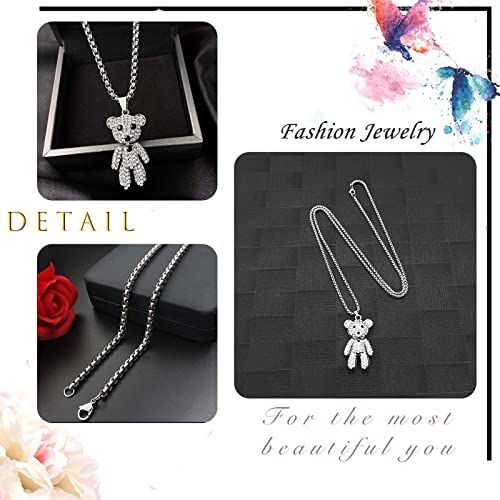 Cubic Zirconia Bear Necklace Full Diamond Teddy Bear Pendant Necklace Silver Long Box Chain Necklace Cute Animal Crystal Bear Necklace Jewelry Gifts for Women3