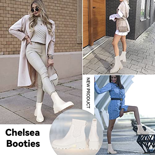 Athlefit Women's White Chelsea Boots Fall Platform Ankle Boots Slip on Chunky Lug Sole Boots — view 6