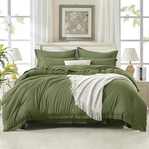 Image of Andency Oversized King Comforter Set with Sheets 120x120 Olive Green - 7 Pieces Boho Tassel Bed in a Bag Soft Lightweight Bedding Sets, Fringe Bed Set with Comforter, Sheets, Pillowcases & Shams