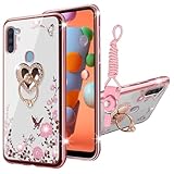 KuDiNi for Samsung Galaxy A11 Phone Case, Glitter Crystal Slim for Women, Bling Cute Butterfly Heart Floral Clear Soft TPU Protective Cover with Ring Kickstand+Strap for Galaxy A11 (Rose Gold)
