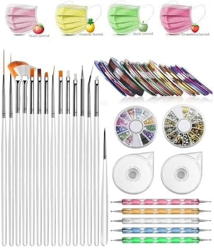 Professional Nail Art Kit, 64 Pieces, with Brushes, Dotting Tools, Rhinestones, Striping Tape and Nail Gems