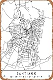 Cartel de metal vintage con diseño de mapa de la ciudad negra de Santiago de Chile de Chile de 30,5 x 20,3 cm
