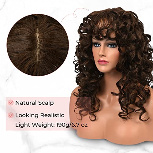 Lonai Curly Wig With Bangs For Women Long 23Inch Chocolate Brown Kinky Wigs With Wispy Bangs Wig001 Curly Gorgeous Shag Synthetic Wig For Daily Use Party Cosplay-Chocolate Brown #TOP2