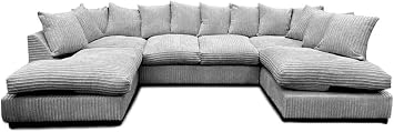 Jumbo Cord U Shaped Sofas - Washable Fabric Corner Sofa Grey - Comfortable 3 and 2 Seater Scatter Back - Large U Shape Bishop Modular Settee - Sofa Bed for Living Room Lounge Grey, Scatterback