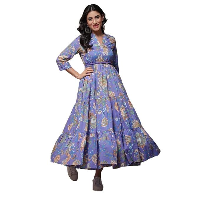 Image of Biba Women's Cotton 3 /4 Sleeves Calf Length Band Collar A-Line Floral Printed Casual Dress
